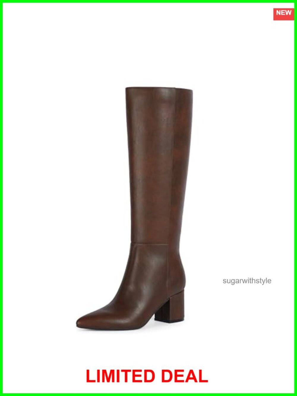 Pointed Toe Knee High Boots Faux PU Leather Low Block Heel Tall Boots